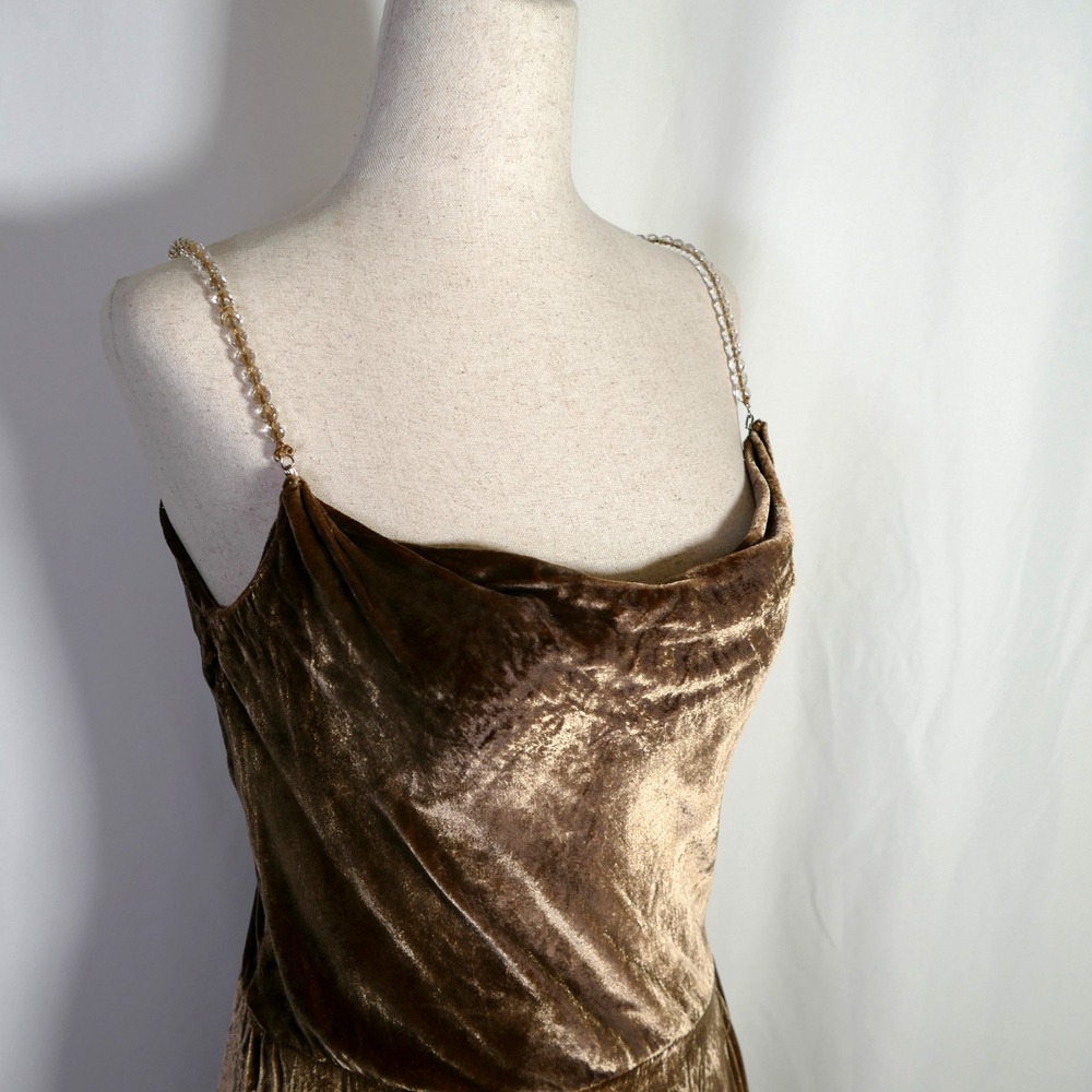 VTG Y2K Forest Fairy Grunge Crushed Velvet Maxi Dress Size 4 Brown Cowl Ruffle